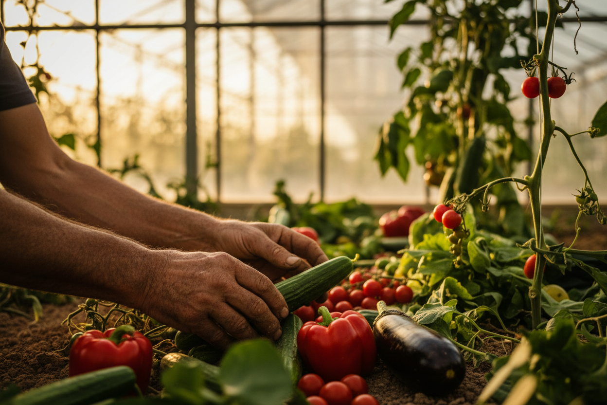 Fotografía de estilo documental de las manos de un agricultor seleccionando cuidadosamente verduras frescas en la hora dorada, luz natural, tonos cálidos, poca profundidad de campo, con hortalizas de almeria y reales, sin composición preparada, sin caras sonrientes, sin texto,  fotografía editorial premium de alimentos, estado de ánimo emocional e íntimo, tomada como si fuera para una revista de estilo de vida de alta gama., en invernadero con pimientos, pepinos, tomates y berenjenas
