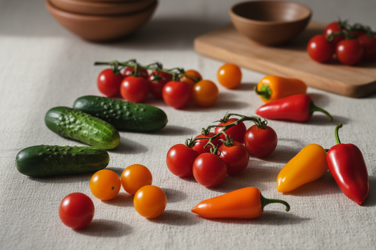 “Fotografía editorial realista de hortalizas frescas premium (tomates cherry, pepinos snack, pimientos sweet bite) colocadas de forma elegante sobre una superficie beige. Luz natural suave, sombras delicadas, colores naturales sin saturación. Composición minimalista y limpia, enfoque nítido del producto y fondo ligeramente desenfocado. Estética gourmet mediterránea, sensación de sabor auténtico y calidad superior.”