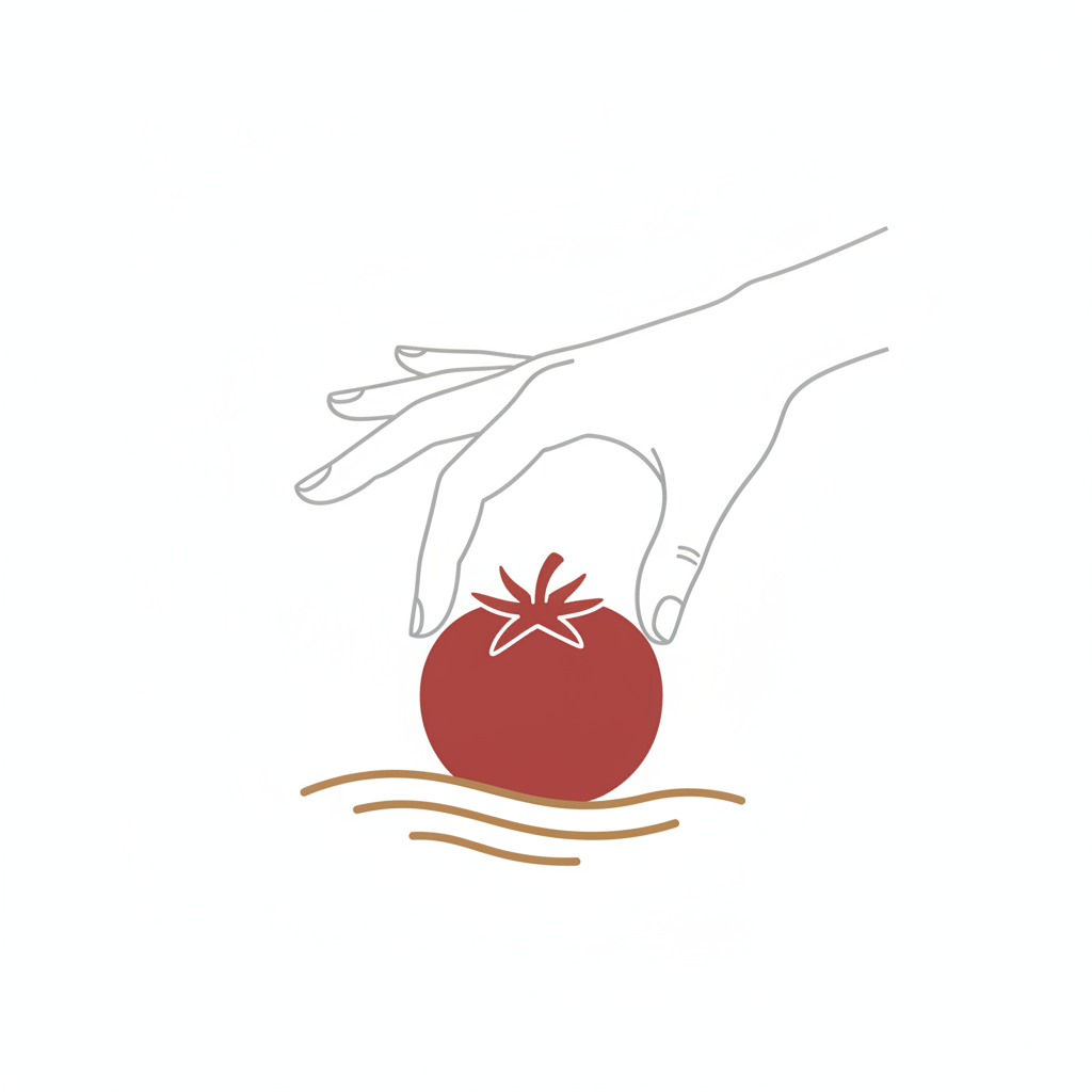 Minimalist line icon of a hand carefully selecting a vegetable, clean thin lines, no text, no background, neutral color palette, elegant and modern style, premium agricultural brand aesthetic, flat design, simple geometry, pero que no sea una zanahoria lo que salga, que sea un tomate, o un pimiento o un pepino 