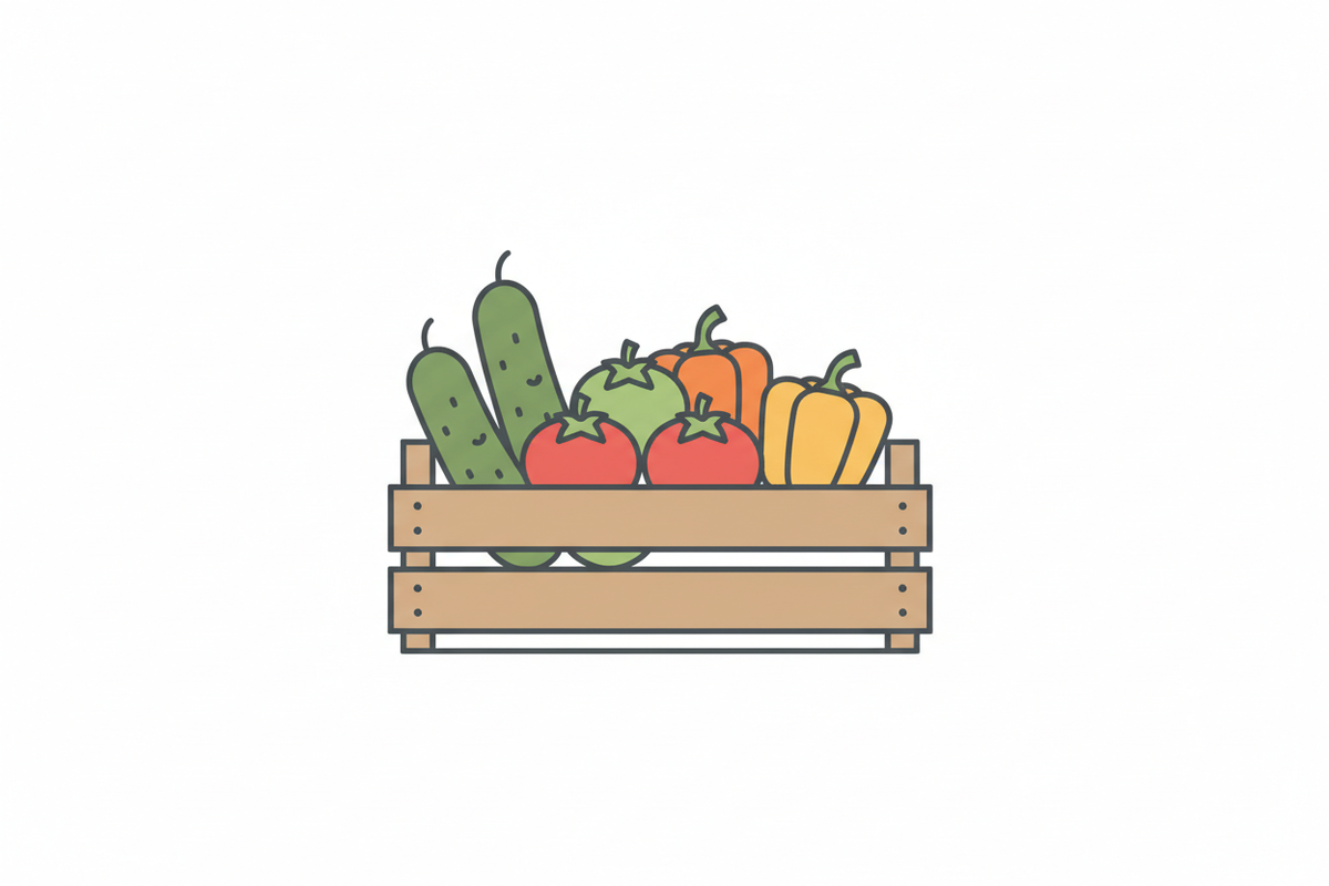 Minimalist line icon of a rustic produce box with a few seasonal vegetables inside, clean thin lines, no text, no background, neutral color palette, elegant and modern style, suitable for a premium food brand website, flat design, simple geometry, high contrast, que no salgan zanahorias, que salgan pepinos, tomates y pimientos 