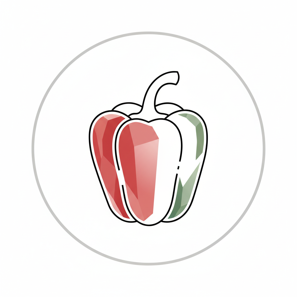 Minimalist line icon representing exclusivity and care, a single vegetable inside a simple frame or circle, subtle emphasis on isolation and focus, clean thin lines, no text, no background, neutral muted color palette, premium editorial style, flat design, simple geometry, high-end food brand aesthetic, que salga un pimiento, con algo de color y que la fiugura tenga algun detalle que resaltew el pimiento y parezca explendido